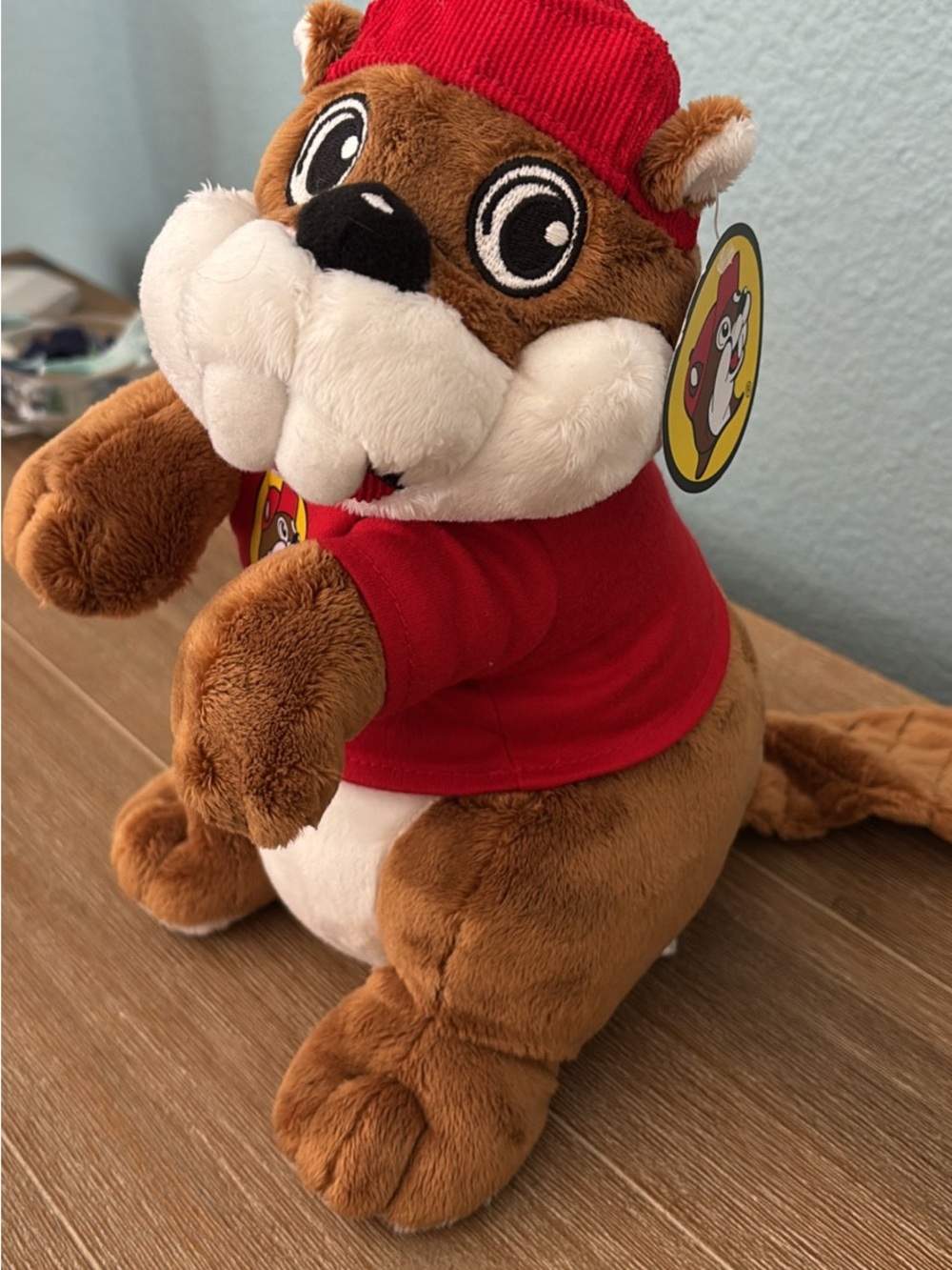 Brown Plush Beaver Stuffed Animal with Red Shirt and Hat
